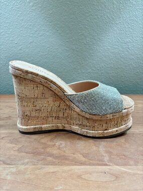 Schutz Dalle Crystal Leather Cork Wedge High Heel Sandals, Womens size 8